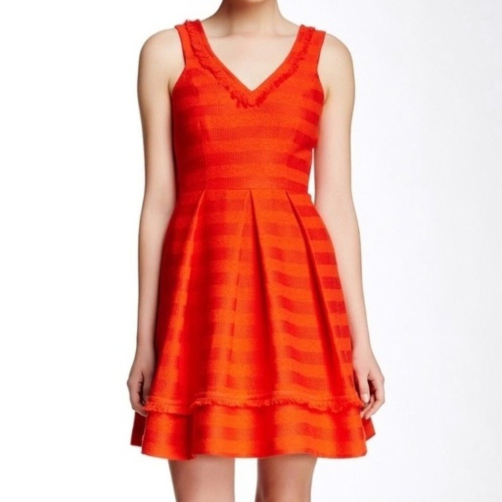 TRINA TURK Shendi Canopy Dress Orange Poppy A Line Pleated Tweed Fringe Size 12
